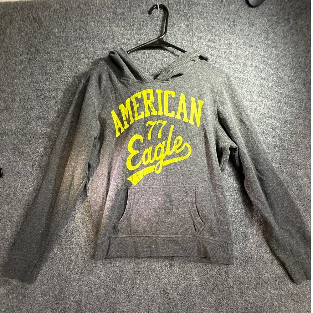 American Eagle Men's Gray Yellow Spellout 77 Pullover Hoodie Size Large